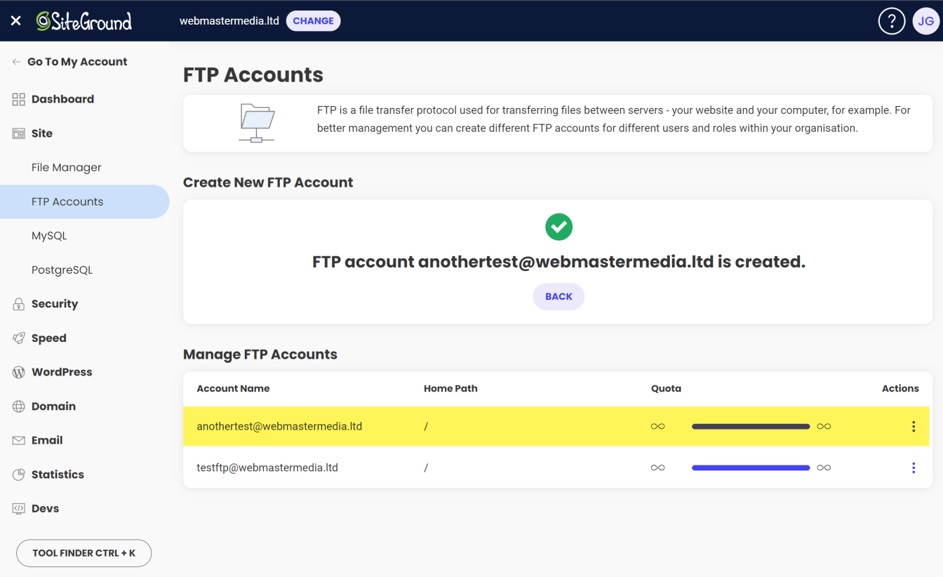 Your FTP account has now been created.