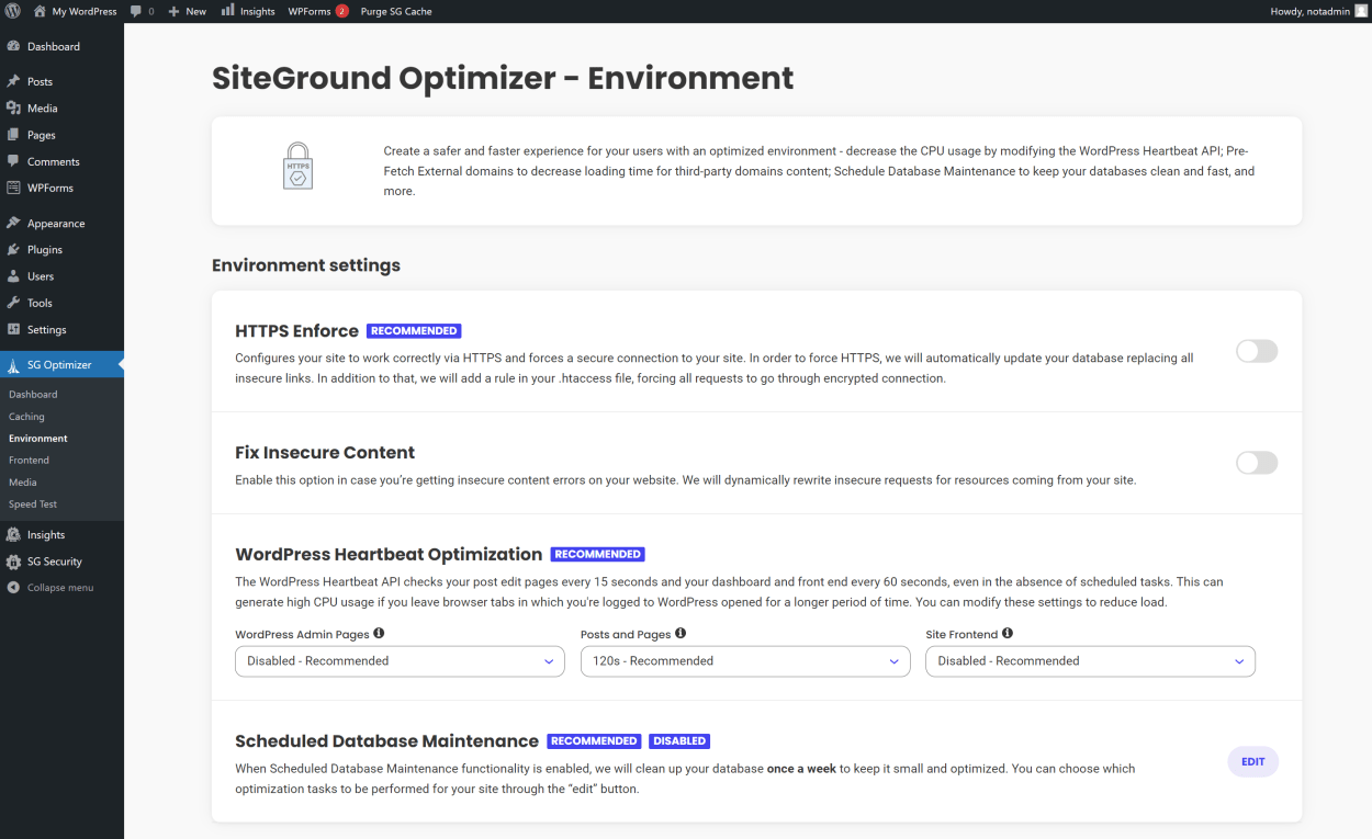 SiteGround SG Optimizer: Environment Optimization