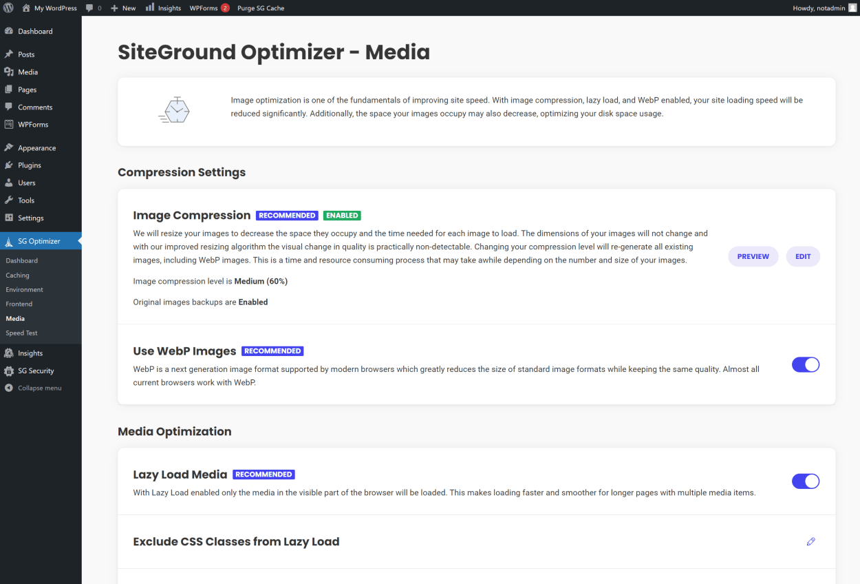 SiteGround SG Optimizer: Media Optimization