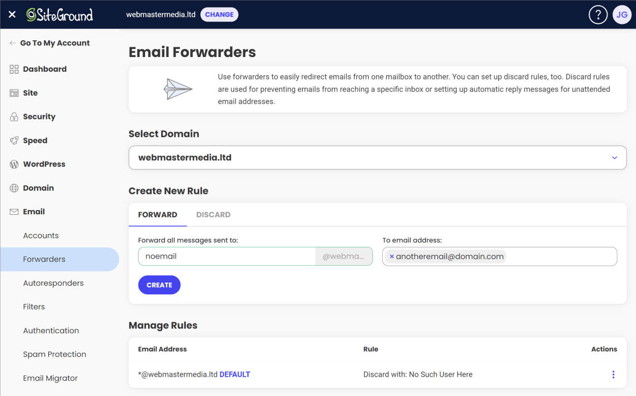 SiteGround Site Tools: Create email forwarder