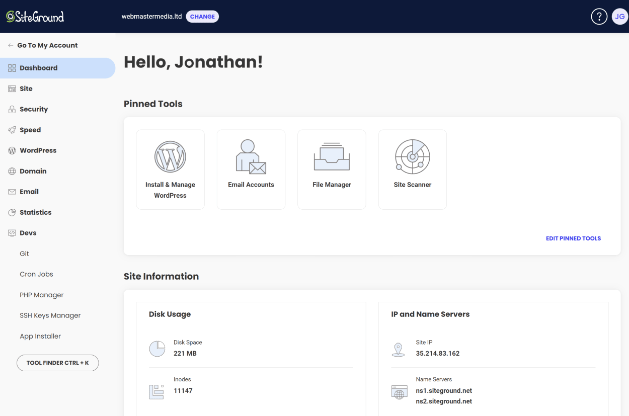 SiteGround Site Tools: Dashboard