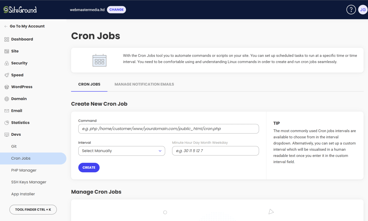 SiteGround Site Tools: Create Cron Jobs