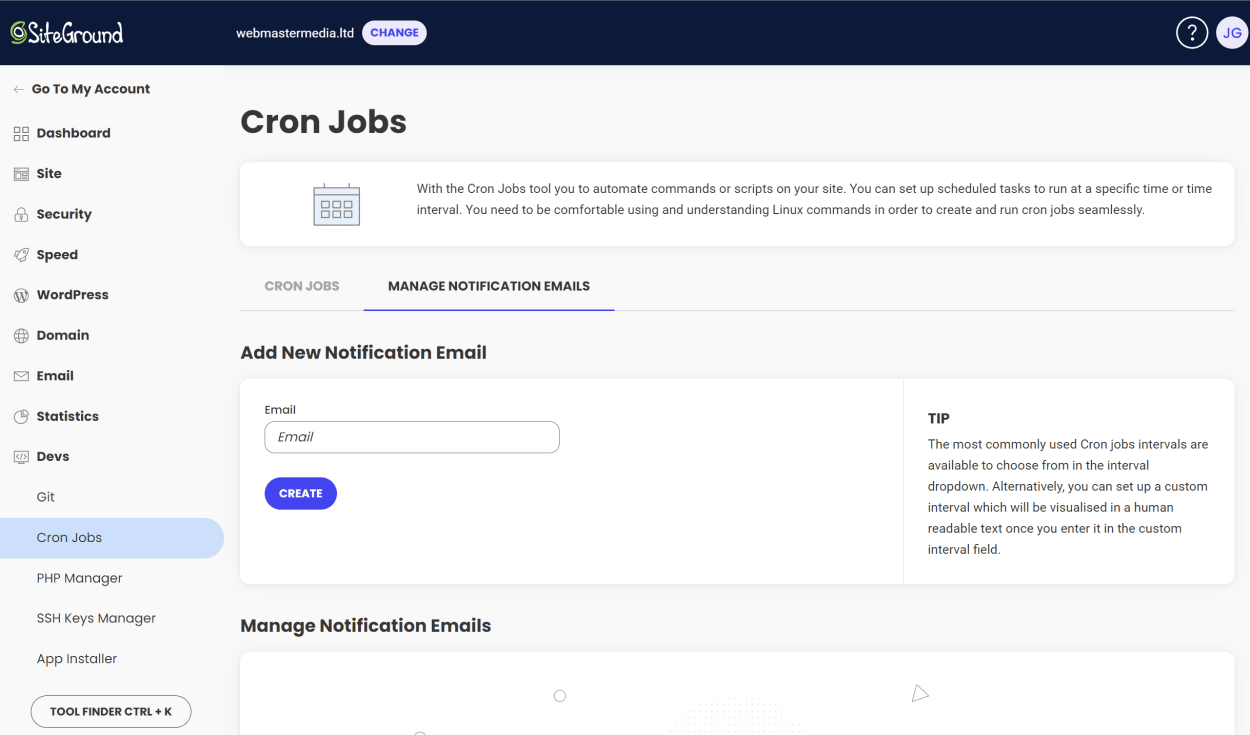 SiteGround Site Tools Cron Jobs Manage Notifications Emails
