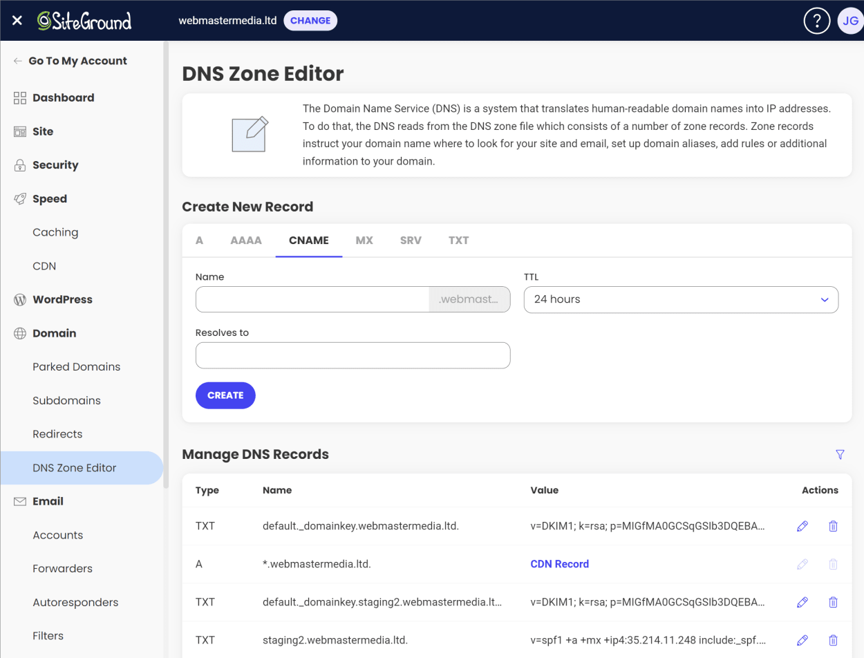 SiteGround Site Tools: DNS zone editor