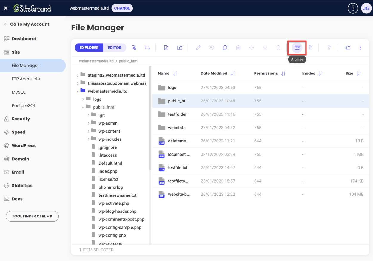SiteGround File Manager: Archive file or folder