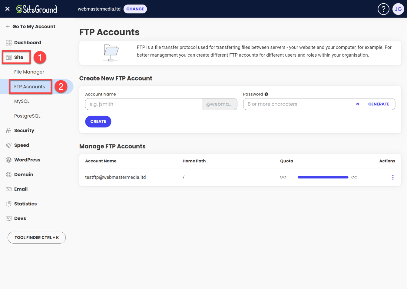 Navigate to the FTP Accounts section of your Site Tools dashboard.