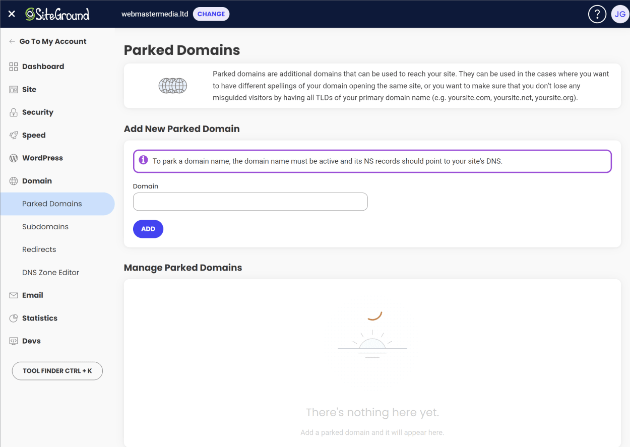 SiteGround Site Tools: Parked domains