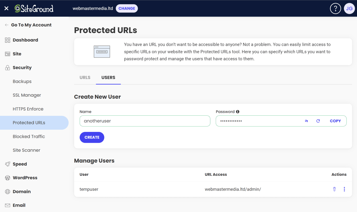 SiteGround Site Tools protected URLs