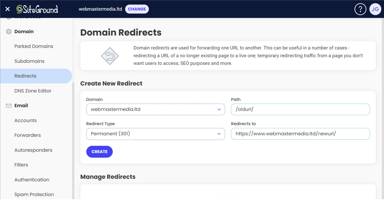 SiteGround Site Tools: Redirects