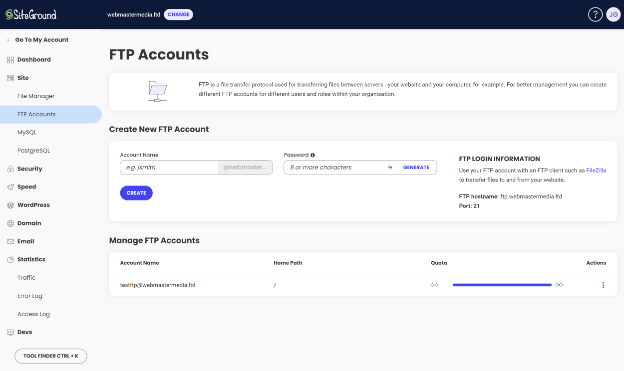 SiteGround Site Tools FTP accounts