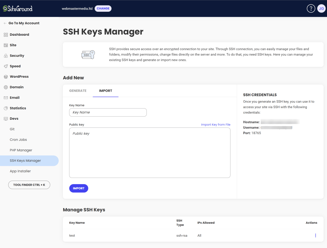 SiteGround Site Tools: Import SSH Key