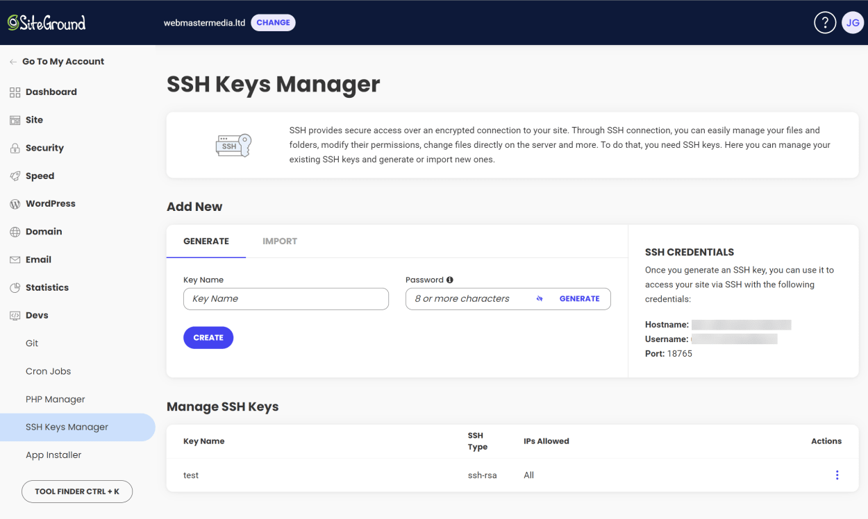 SiteGround Site Tools: Create SSH Key