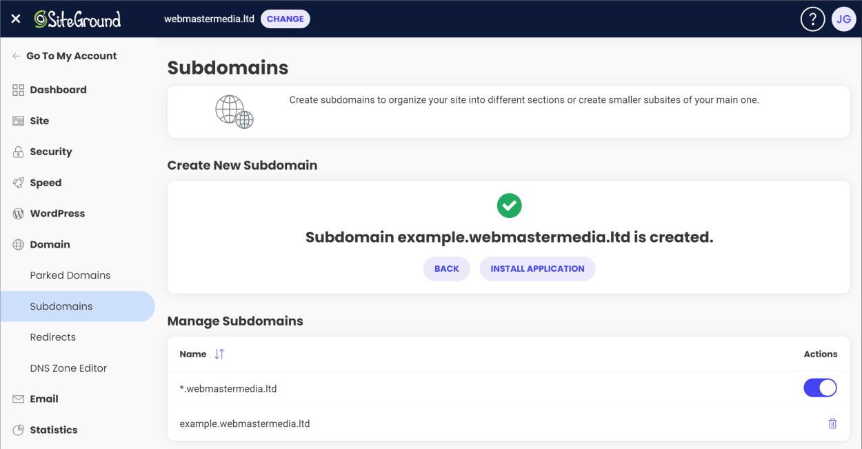 SiteGround Site Tools: Subdomain added - Add installation