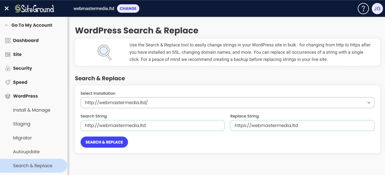 SiteGround Site Tools: Search and replace