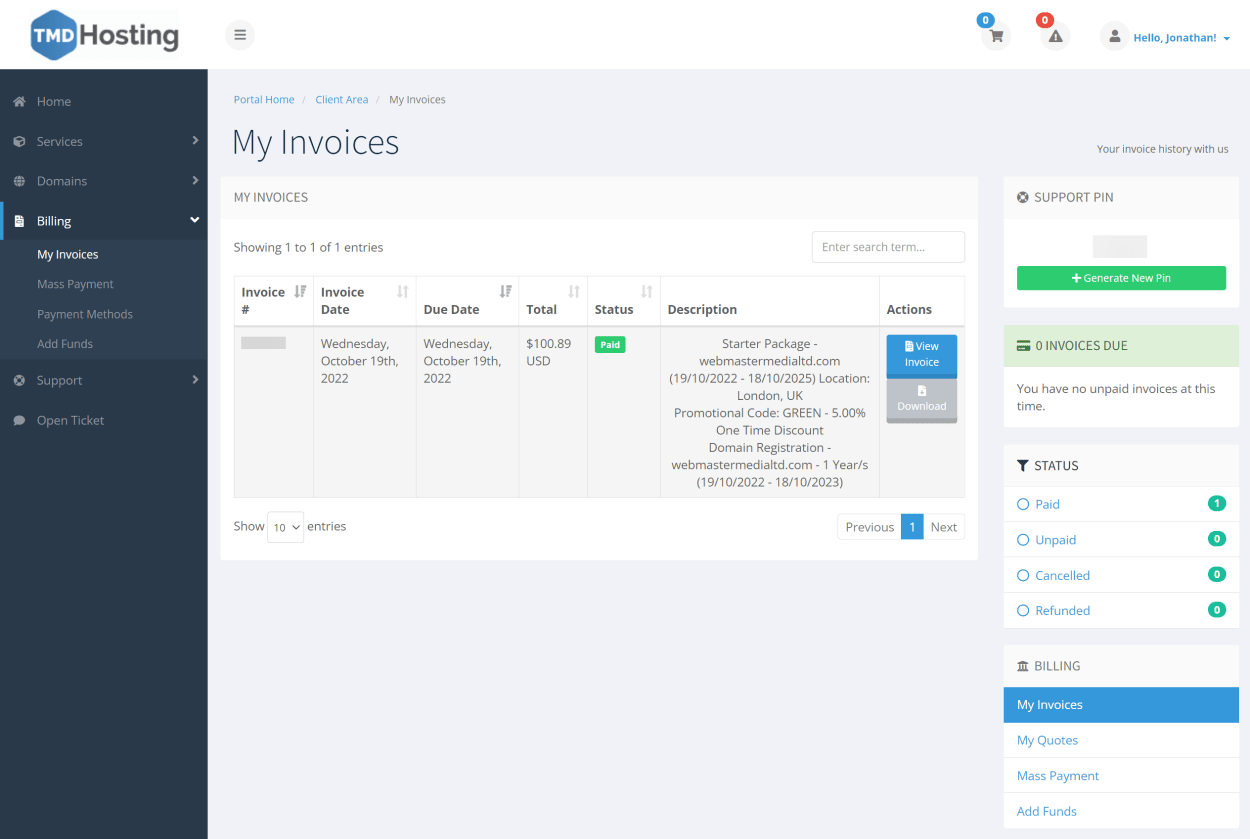 TMD Hosting Billing area.