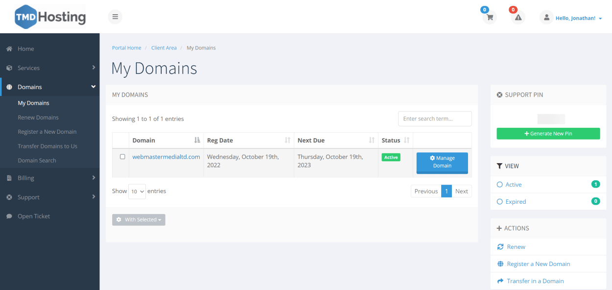 TMD Hosting Client area domains page.