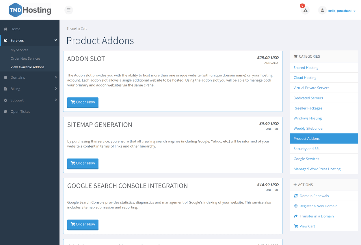 TMD Hosting Client area manage product page - addons.