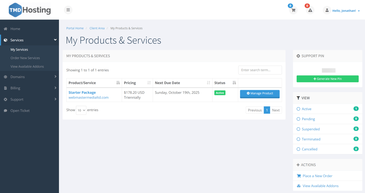 TMD Hosting Client area Services page
