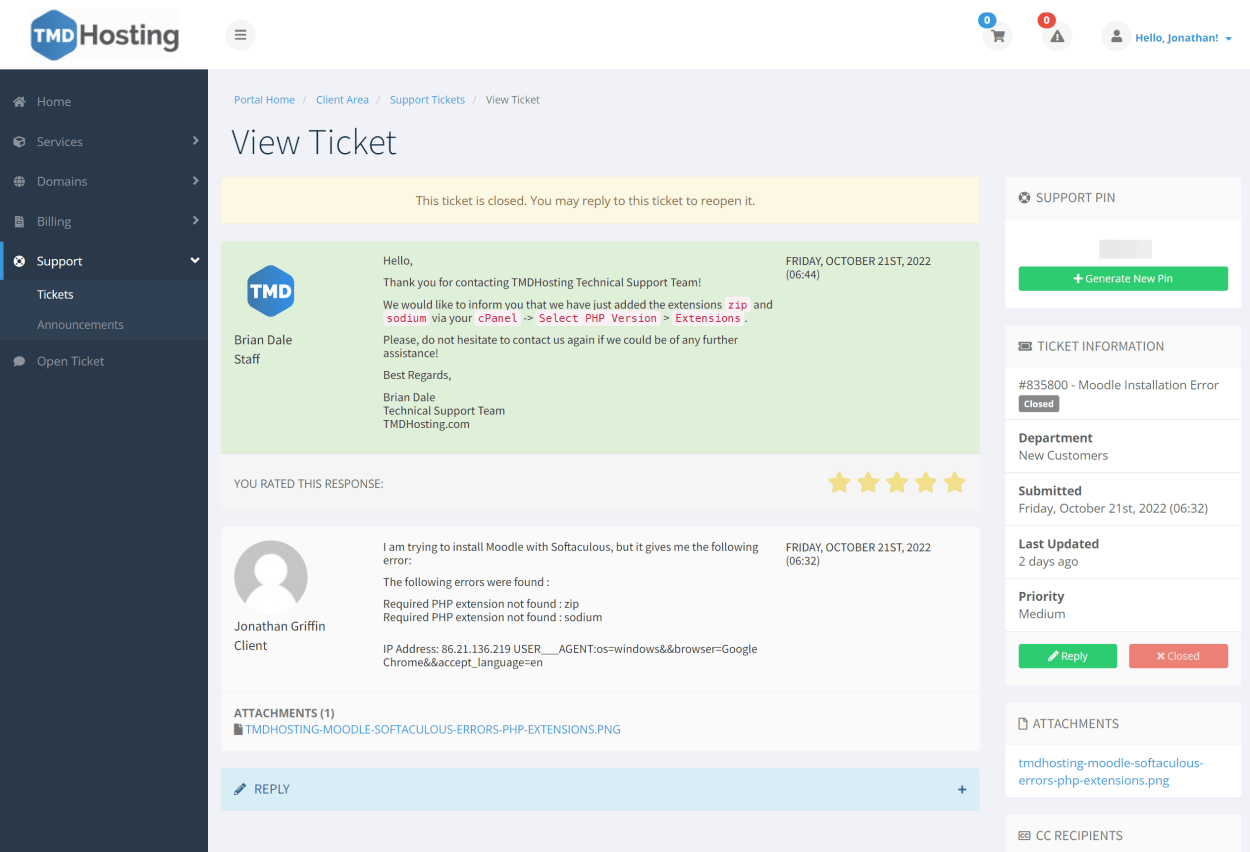 TMD Hosting Client area example support ticket.