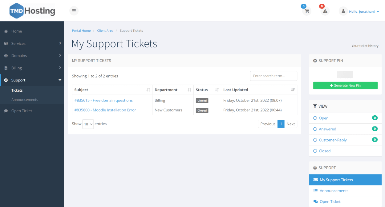 TMD Hosting Client area Support tickets page.