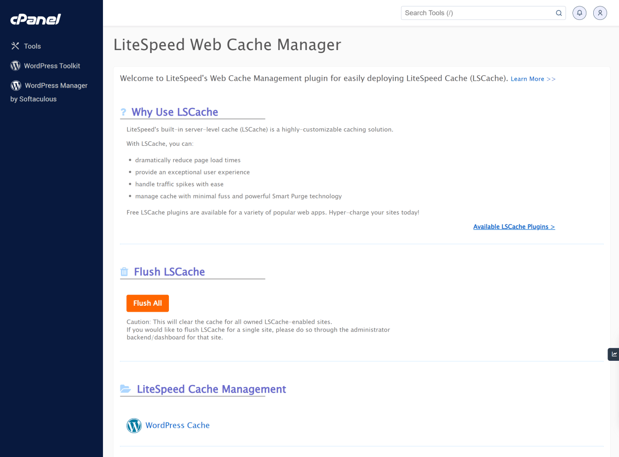 TMD Hosting cPanel Litespeed Web Cache Manager.