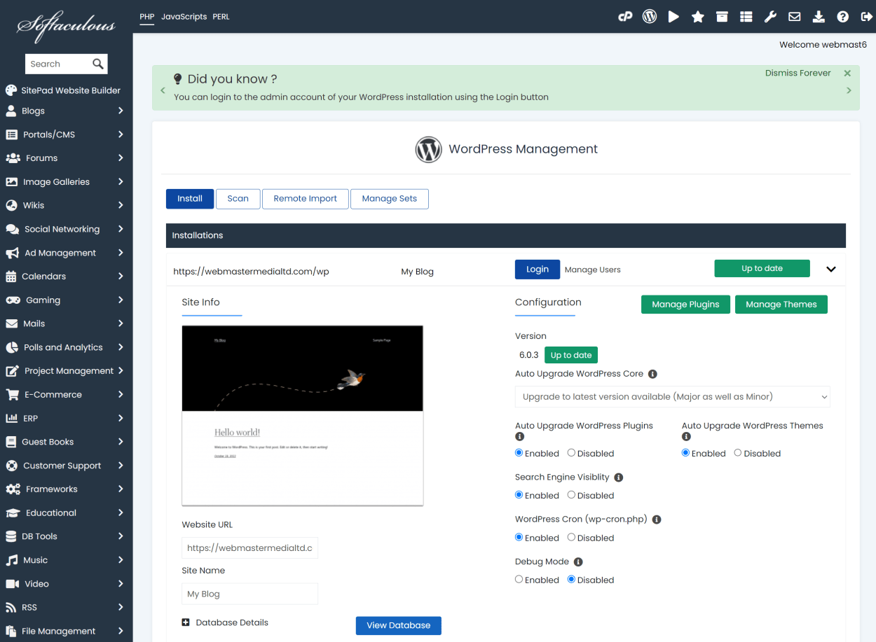 TMD Hosting cPanel WordPress Manager by Softaculous