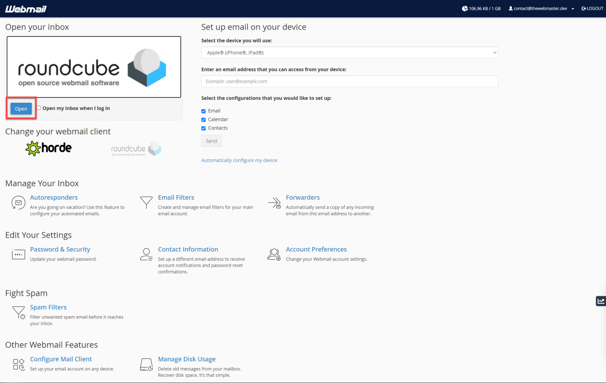 TMDHosting select webmail application.