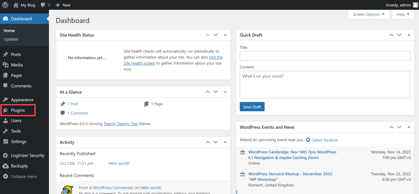  In the WordPress admin area, click 'Plugins' in the left hand menu.